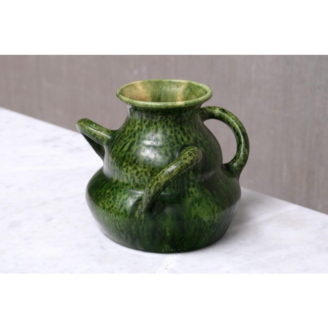 Green Belgian Art Nouveau Sculptural Green Glazed Tri-Handled Vase, 1910s For Sale - Image 8 of 11