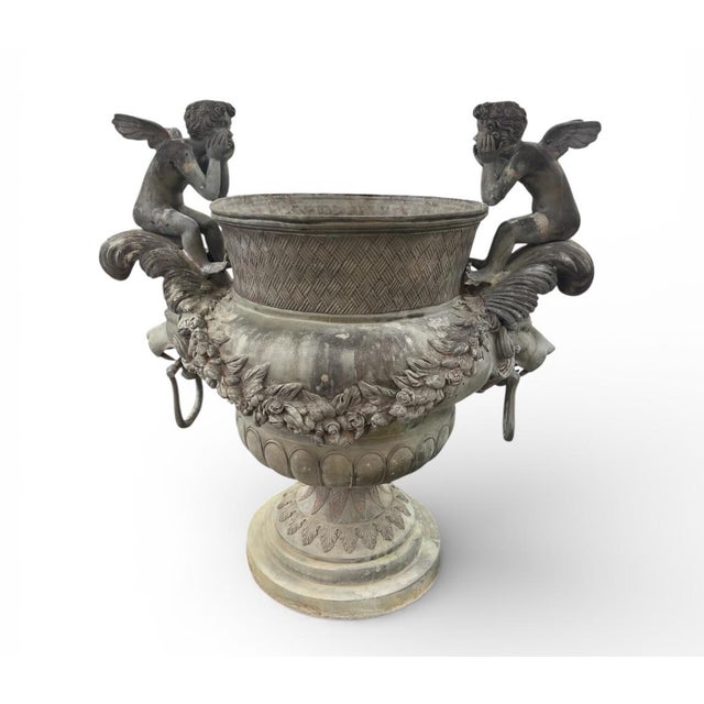 1970s 1970s Pair of Monumental Neoclassical Bronze Cherub Urn Planters For Sale - Image 5 of 10