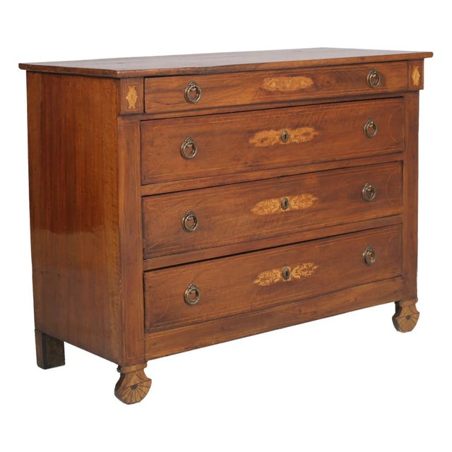 Italian antique precious mid-1600, Lombard-Piedmont chest of drawers all in massive walnut, with maple inlays, wax-...