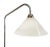 A minimalist floor lamp from the mid-20th century featuring a sleek chrome frame, milky white glass shade, and wooden...