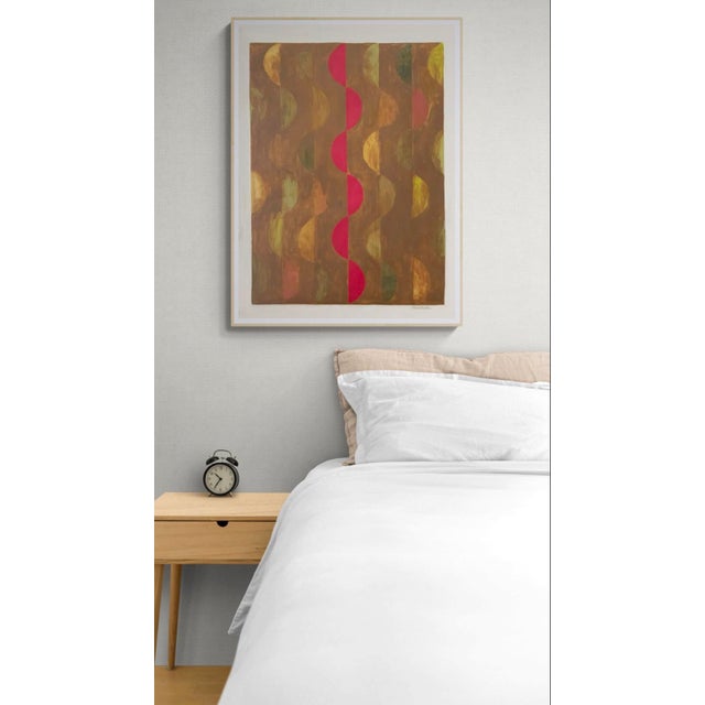 This original painting features repeating pattern of half circle shapes in various colors drawn with colored pencil. An...