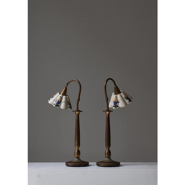 Scandinavian Flower Table Lamps in Brass and Faience by Svend Mejlstrøm, 1960s, Set of 2 For Sale - Image 9 of 18