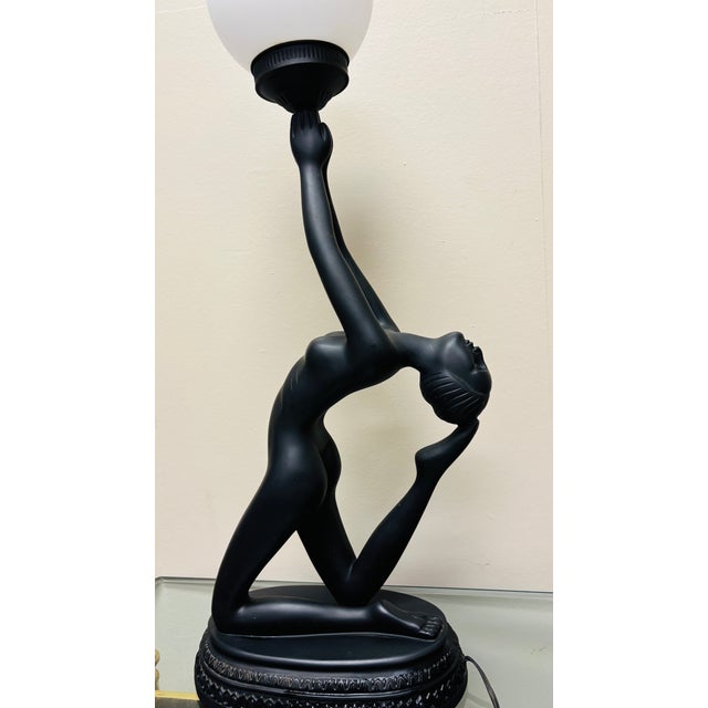 Glass Elegant Art Deco Style Black Women Figural Table Lamp With Frosted Globe Shade Hollywood Regency For Sale - Image 7 of 9