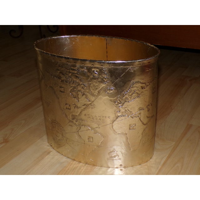 Vintage Arthur Armour Hammered Aluminum Mariners World Map Trash Can Wastebasket For Sale - Image 9 of 13