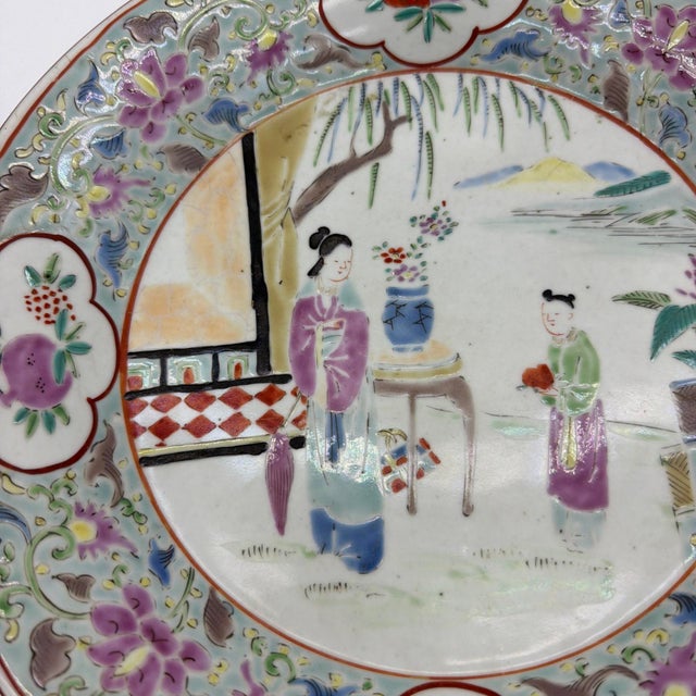 19th Century Late 19th Century Chinese Famille Rose Figural Porcelain Charger - 11" For Sale - Image 5 of 17