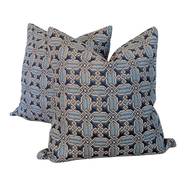 Clarence House Vietri Blue on Linen Pillows- Double Sided Pair For Sale