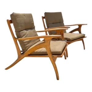 Pair of Italian Mid-Century Lounge Chairs With Curved Frames + Rail-Backs