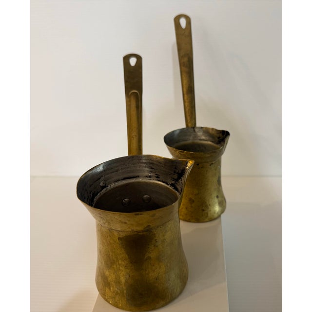 Mediterranean Pair of Vintage Lebanese Brass Turkish Coffee Pots — Sizes #2 & #3 For Sale - Image 3 of 12