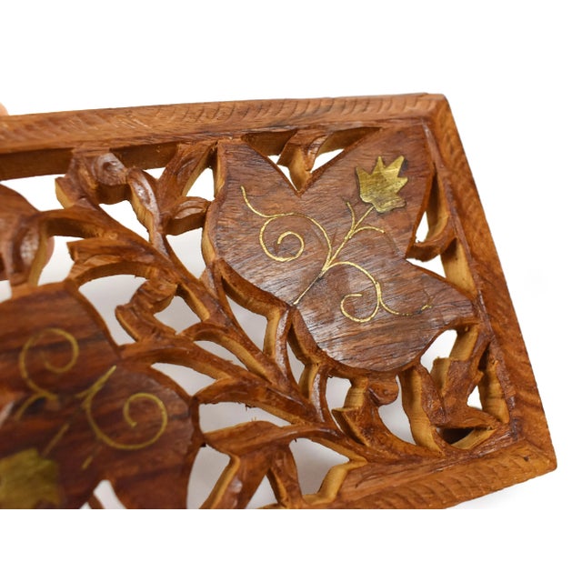 Late 20th Century Hand Carved Floral Design Wooden Inlaid Brass Footed Trivets - 3 Pieces For Sale - Image 4 of 11