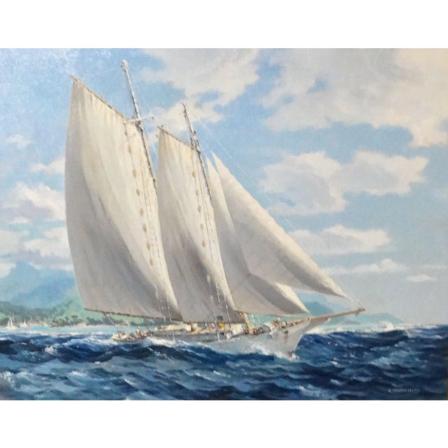 American Yacht Oil Painting Sailing Off Bora Bora Louis Macouillard 1913-1987 Gilt Frame For Sale - Image 3 of 15