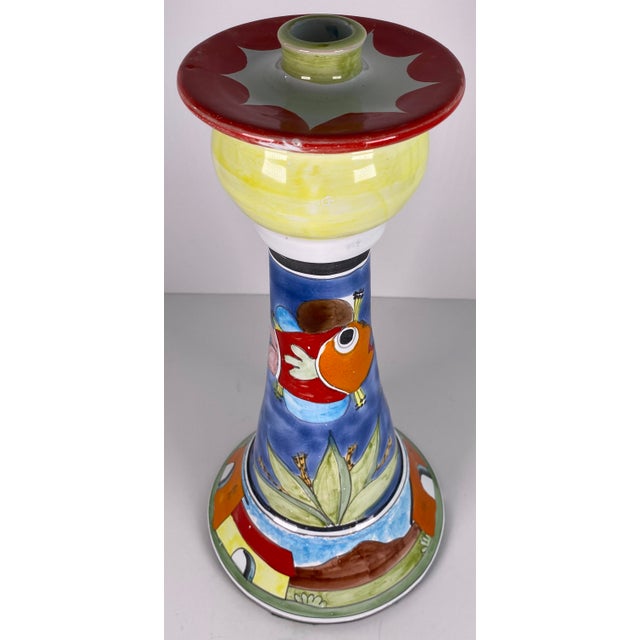 Pair Italian Hand-Painted Ceramic Candlesticks by Nino Parrucca, Whimsical For Sale - Image 9 of 13