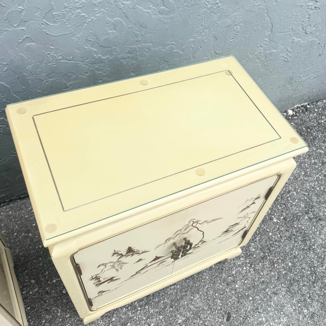 Metal Vintage Chinese Hand Painted Cream and Gold Glass Top Nightstands/Cabinets - A Pair For Sale - Image 7 of 12