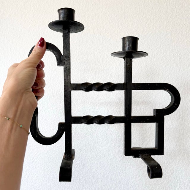 1920s Antique Hand Forged Spanish Revival Wrought Iron Twisted Metal Candle Holder For Sale - Image 5 of 9