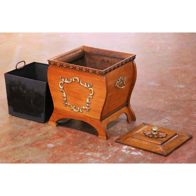 19th Century French Walnut Coal Scuttle With Brass Mounts and Zinc Liner For Sale - Image 11 of 16