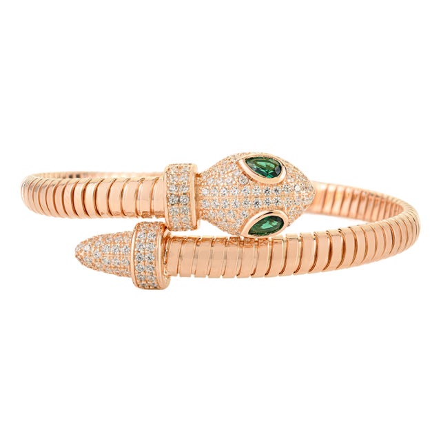 Artistic Snake Zirconia Flexible Wrap Bracelet in 925 Silver With Emerald-Tone Eye For Sale