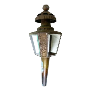 Antique Copper Coach Lantern With Art Nouveau Details and Beveled Glass