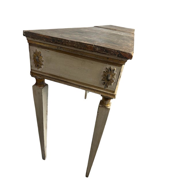 Antique White Pair of 1920s Italian Neoclassical Painted and Parcel-Gilt Console Tables Faux Marble For Sale - Image 8 of 10