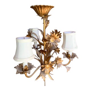 Brass Toleware Chandelier With Three Shades For Sale