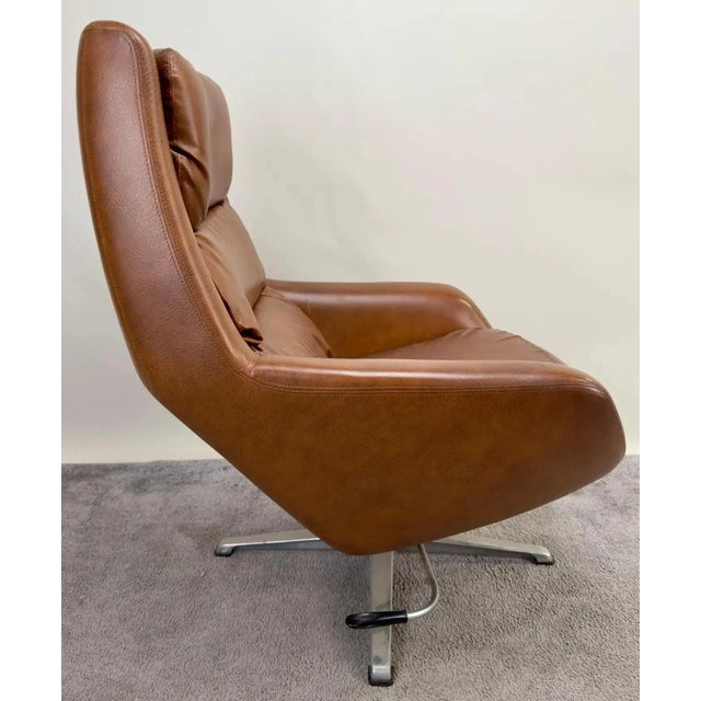Swedish Mid Century Modern Brown Faux Leather Lounge Chair & Ottoman For Sale - Image 4 of 12