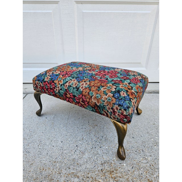 Floral Print Footstool With Brass Colored Legs For Sale - Image 6 of 10