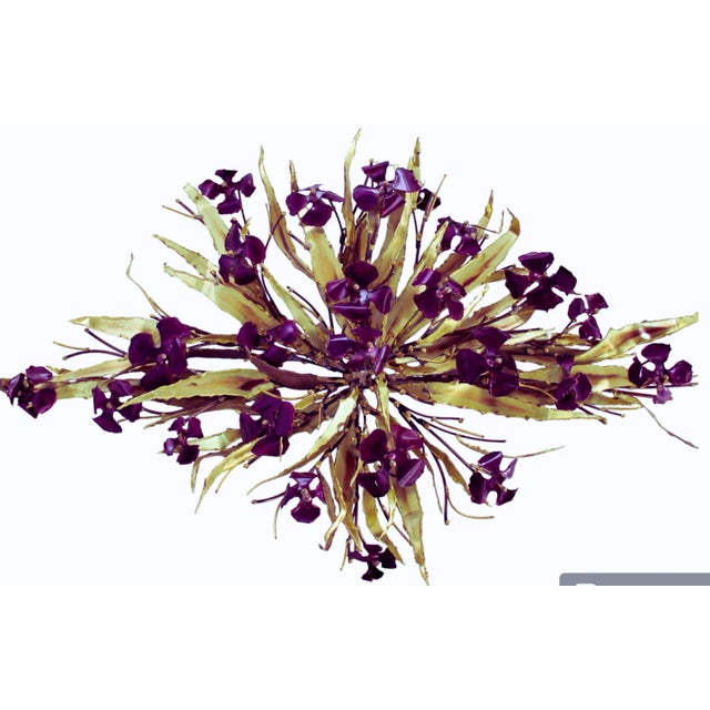 Vintage Metal Wall Sculpture Signed Stephen Vat Brass With Purple Flowers Brutalist 1970's Indoor or Outdoor For Sale - Image 4 of 5