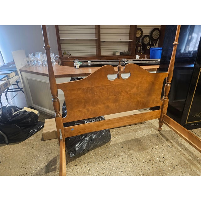 Store Item: Ethan Allen Four Post Maple Canopy Bed Nutmeg Finish Description: Four Post Frame with Urn Finials, Shaped...