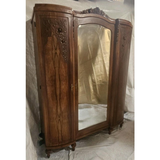 Art Nouveau Antique French Burl Walnut Armoire Wardrobe Mirror Carved Cabinet Circas 1920s For Sale - Image 3 of 18
