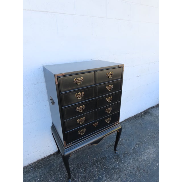 Drexel Painted Black Silver Jewelry Chest Lingerie Cabinet Queen Anne Legs 6330 For Sale - Image 12 of 17