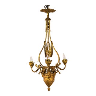 French Neoclassical Doré Bronze Chandelier With Rams For Sale