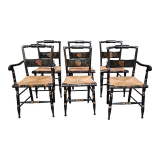 Early 20th Century Antique Hitchcock Style Dining Chairs Black and Gold With Rush Seats - Set of 6 For Sale