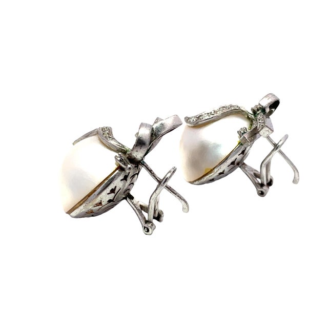 Large Pearl Earrings With Diamond Bow Tops in Silver, A Pair For Sale - Image 4 of 4