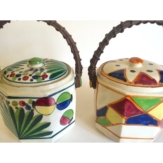 Vintage 1930's Art Deco Japan Hand Painted Porcelain Handled Ceramic Biscuit Barrel Jars - Set of 2 For Sale - Image 9 of 13