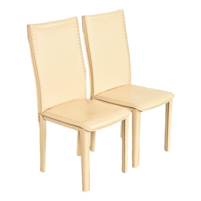 Mario Bellini Style Italian Modern Cream Leather Wrapped High Back Side Chairs or Dining Chairs, Pair For Sale