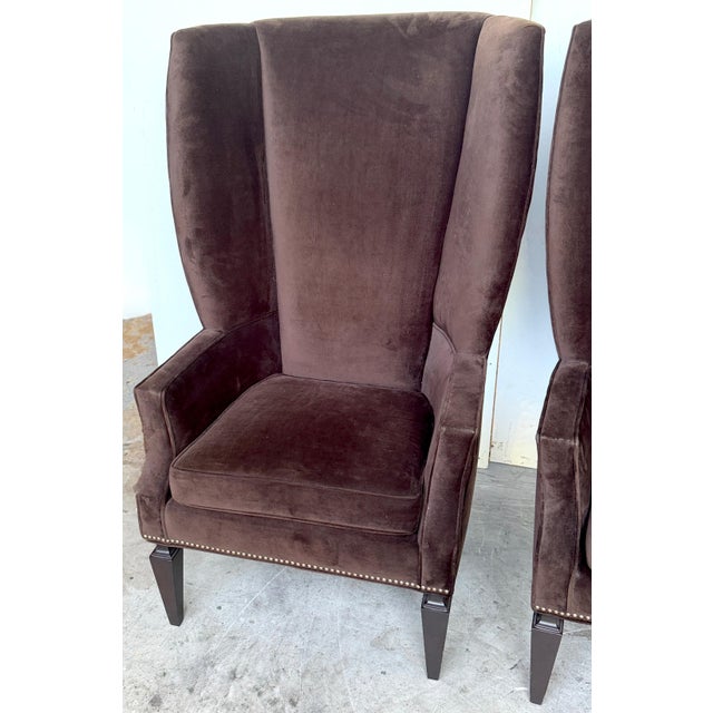 Pair Custom Mogul Los Angeles Espresso-Brown Velvet High-Back Wing Chairs For Sale - Image 9 of 16