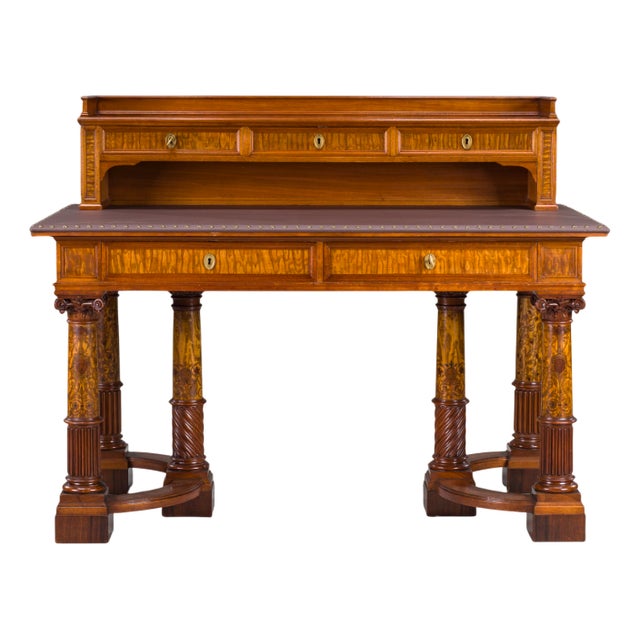 Wilhelmine Secretary in Walnut & Exotic Veneer with Leather Top For Sale