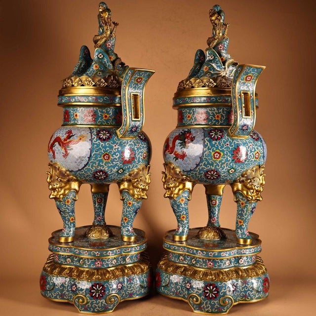 Pair of Large Cloisonné Enamel Gilt Bronze Dragon Boshan Censers For Sale - Image 4 of 9