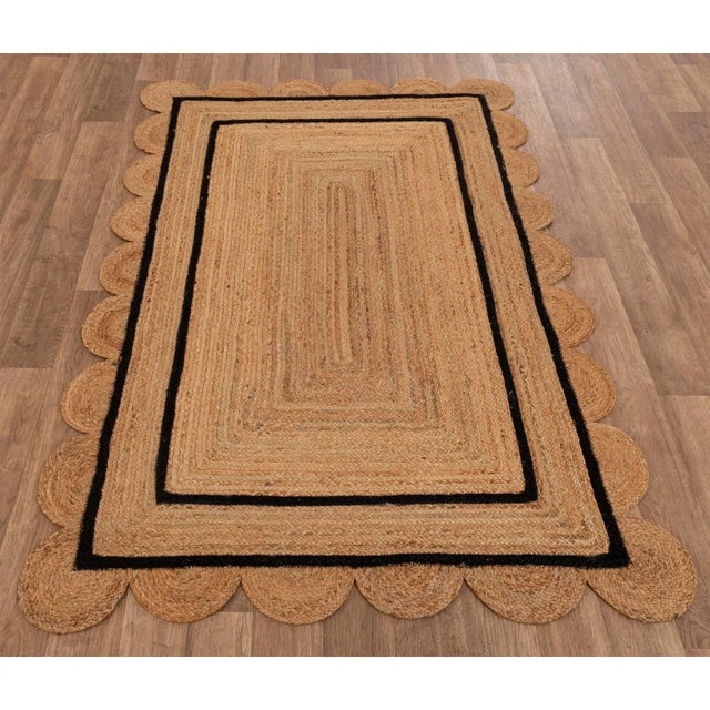 Boho Chic 3x8 Ft. Black Double Line Border Braided Jute Scallop Rug For Sale - Image 3 of 6