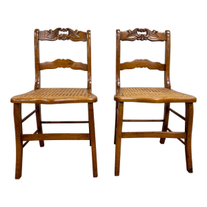 Antique Carved Walnut Ladderback Cane Seat Carved Dining Chairs - Pair