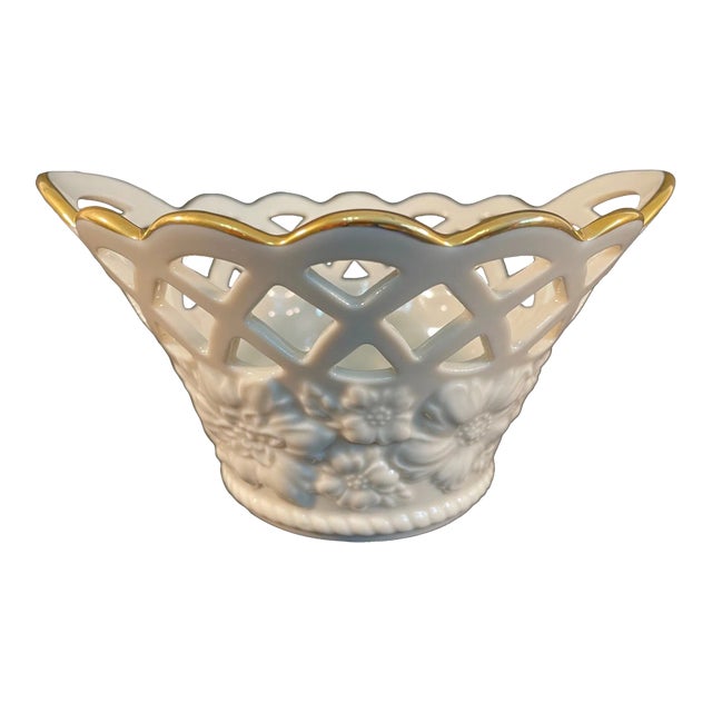 1970s Vintage Lenox "Golden Meadows" China Ivory Lattice Bowl or Jardiniere For Sale