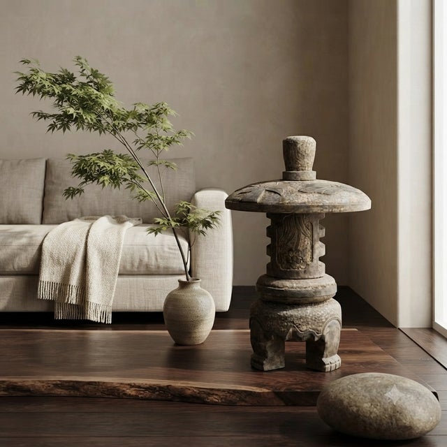 24" Distressed Stone Round Lotus Pattern Stack Lantern Display Art For Sale In San Francisco - Image 6 of 6