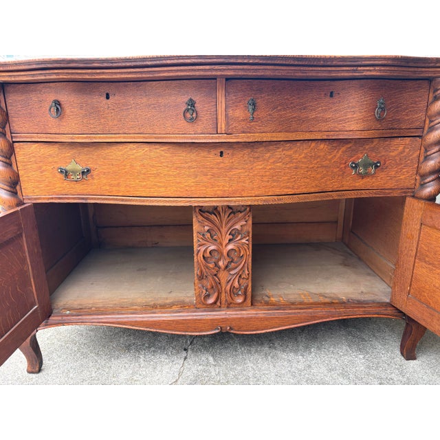 Antique Tiger Oak Buffet / Sideboard, Featuring Barley Twist Columns and Serpentine Front For Sale - Image 9 of 10