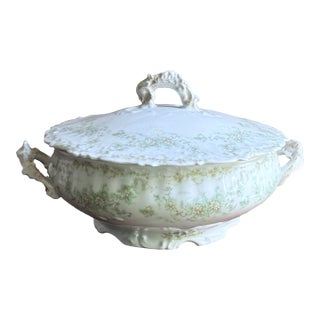 Late 19th Century Elite Works Limoges France Porcelain Covered Tureen With Lid Green Floral Garland Scalloped Edge For Sale