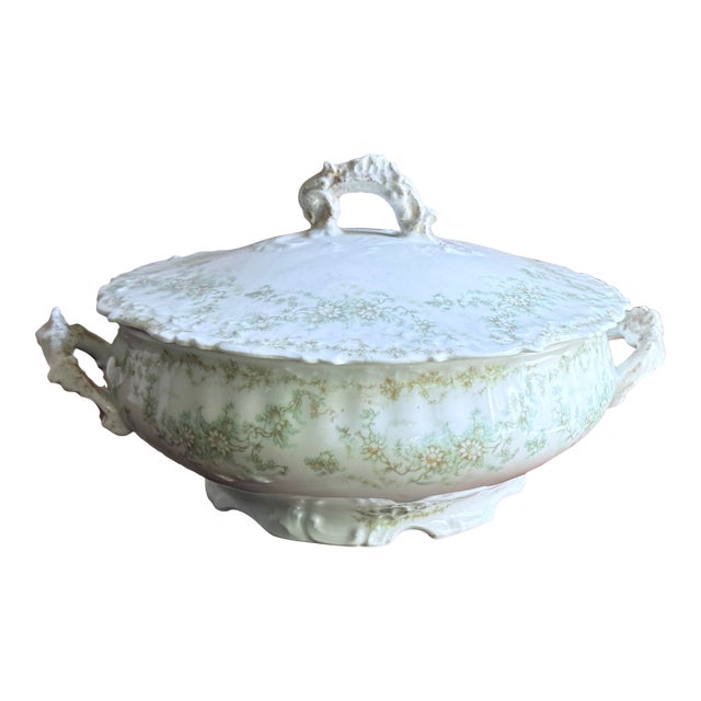 Late 19th Century Elite Works Limoges France Porcelain Covered Tureen With Lid Green Floral Garland Scalloped Edge For Sale