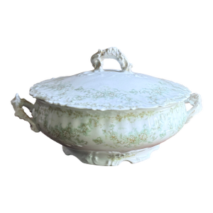 Late 19th Century Elite Works Limoges France Porcelain Covered Tureen With Lid Green Floral Garland Scalloped Edge