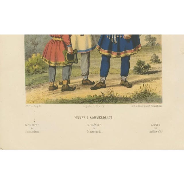 Laplanders in Summer Dress – Tonsberg Edition, 1860s : This 19th-century chromolithograph illustrates three Sámi men in...