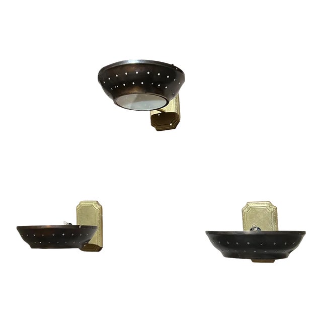 1950s Modern Atomic Three Patinated Brass Wall Sconces - Set of 3 For Sale