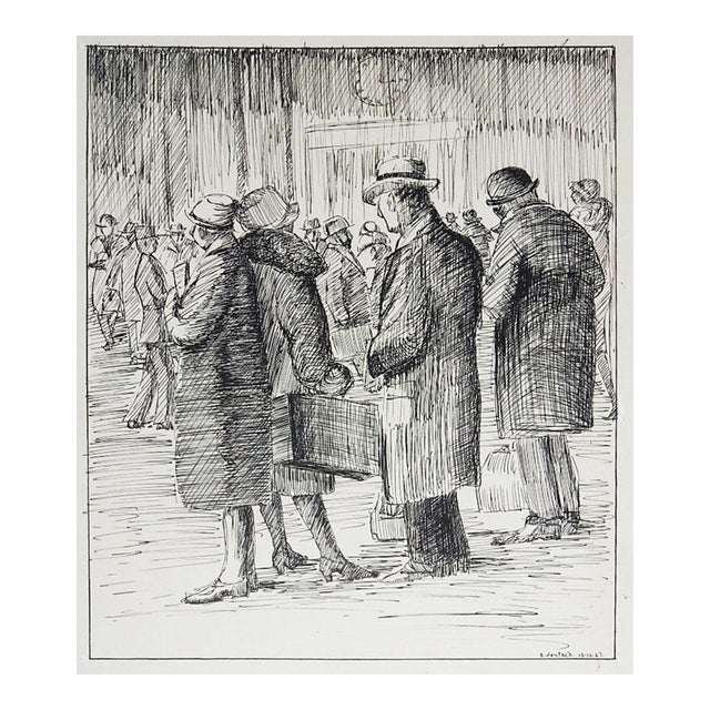 1927 Railway Station Pen and Ink Drawing For Sale