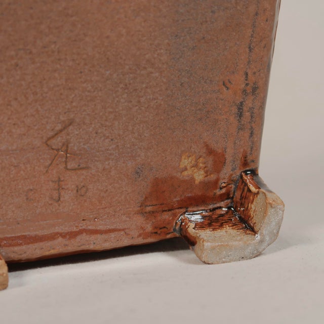 Handbuilt Ceramic Vessel With Square Form on Raised Feet With Carved Linear Texture For Sale - Image 14 of 14