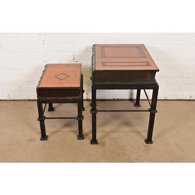 Wood Maitland Smith Trompe l'Oeil Leather Book Nesting Tables, Set of Two For Sale - Image 7 of 12