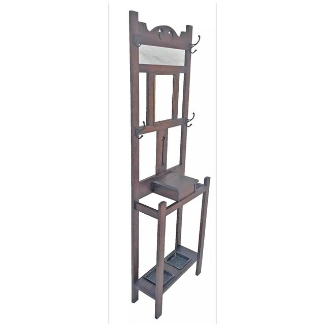Mission Antique 1910s Arts & Crafts Mission Oak Hall Tree Hooks, Mirror & Umbrella Stand For Sale - Image 3 of 12